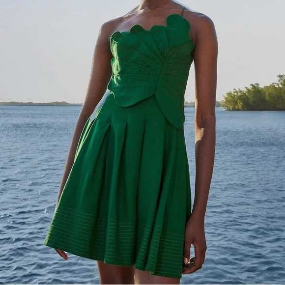 NWT Farm Rio Lea Linen Tropical Vacation Pleated One Shoulder Mini Dress Green - Picture 4 of 15